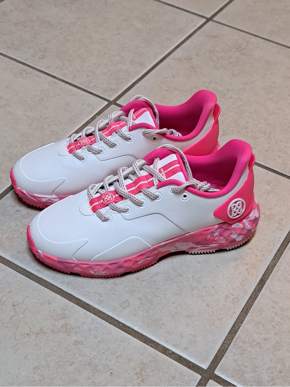 G/FORE Women's MG4+ golf shoes in the Snow/Knockout Pink Colorway - Picture 5 of 11